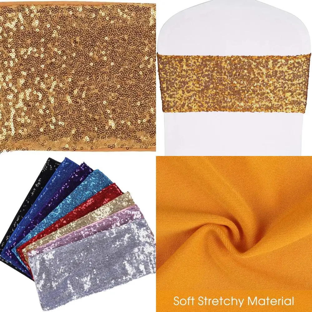 

Gold Sequin Chair Sashes Set of 50, 4x16, One-Sided, Stretch for Hotel, Wedding, Party Chair Decor