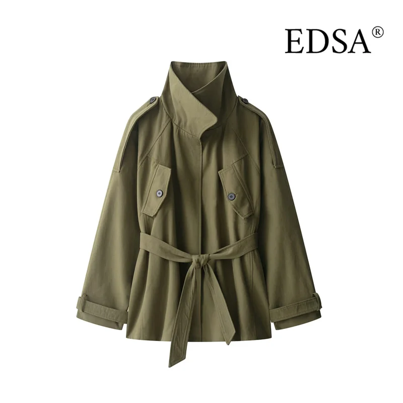

EDSA женский плащ с поясом с длинными рукавами и высоким воротником с клапанами и карманами весна-осень J