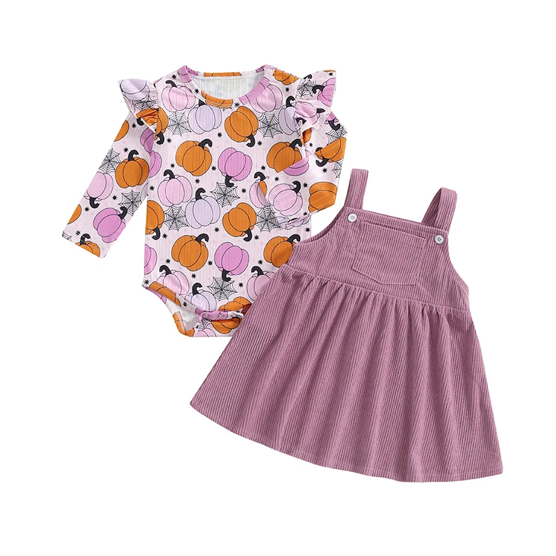 

Baby Girl Halloween Outfit Butterfly Pumpkin Print Long Sleeve Romper with Overall Dress and Headband 3 Pcs Set