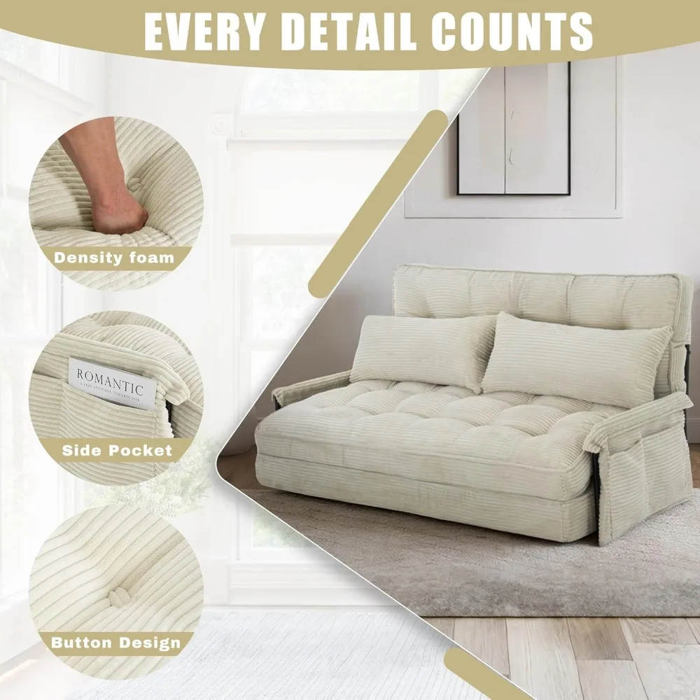 سرير أريكة كسولة قابل للطي بـ 5 أوضاع قابل للتحويل مع مسند للذراع، أريكة أرضية قابلة للتعديل مع وسادتين، أرضية قابلة للطي #5