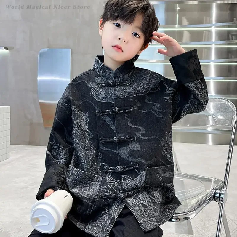 Китайский костюм Тан для мальчиков, детское пальто ханьфу, традиционная новая куртка в китайском стиле, топ Ципао на пуговицах, рубашка для взрослых, одежда Kong Fu