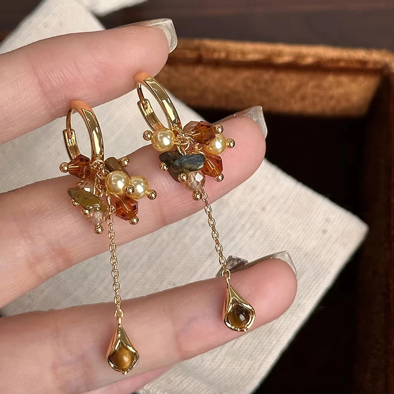 New Retro Meilad Tiger Eye Stone Tassel Pendant Earrings for Women Fashionable and Elegant Temperament Ladies Party Jewelry Gift