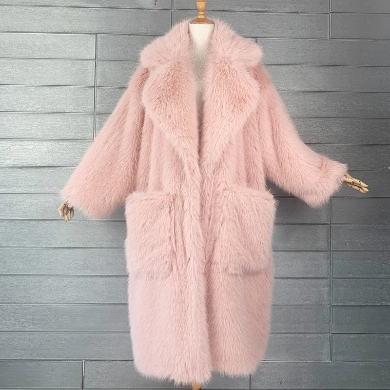 Cute Girlliness Pink Faux Fur Coat Loose Big Lapel Plush X-long Shaggy Outerwear Women\'s Winter Clothing Promotion