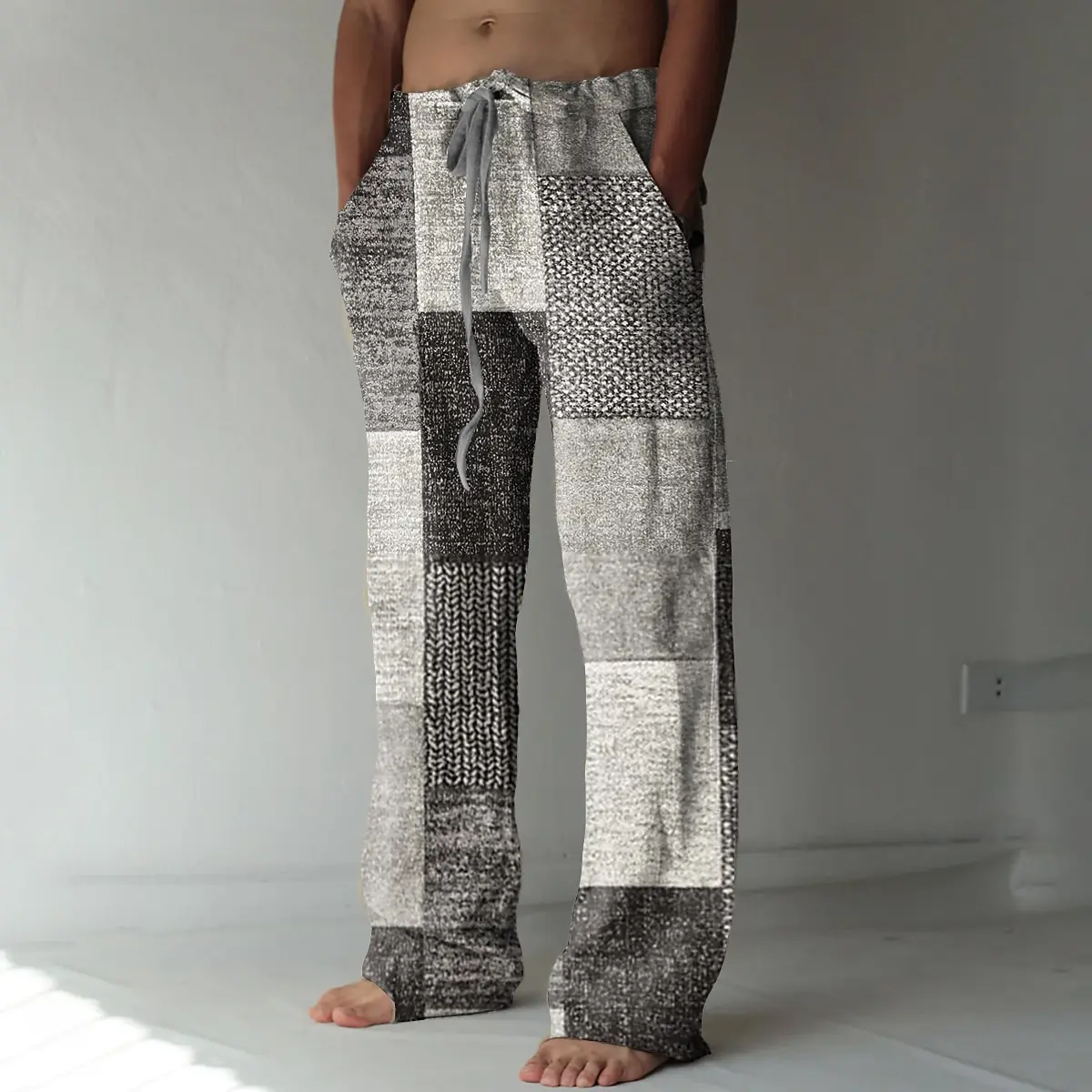 Men's Color Block Geometric Pattern Pants Trousers Mid Waist Drawstring Elastic Waist Casual Outdoor Wide-leg Trousers for Men view 4