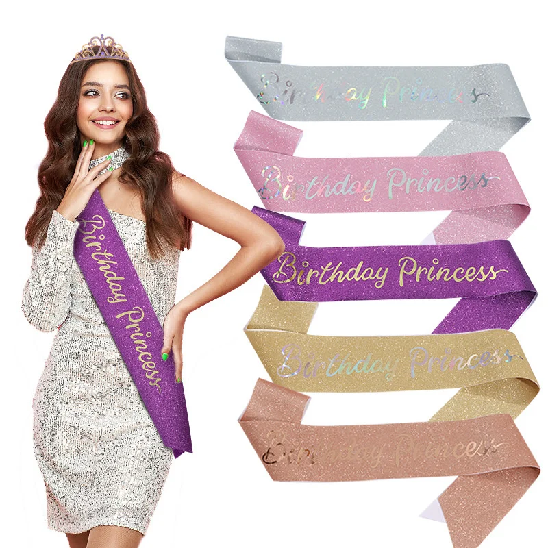 New Glitter cloth Ribbon Birthday Princess Gold lettering Iron On shoulder Birthday party etiquette band for Gril