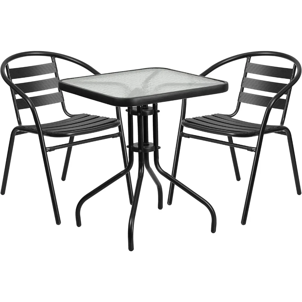 

23.5'' Square Glass Metal Table with 2 Black Metal Aluminum Slat Stack Chairs
