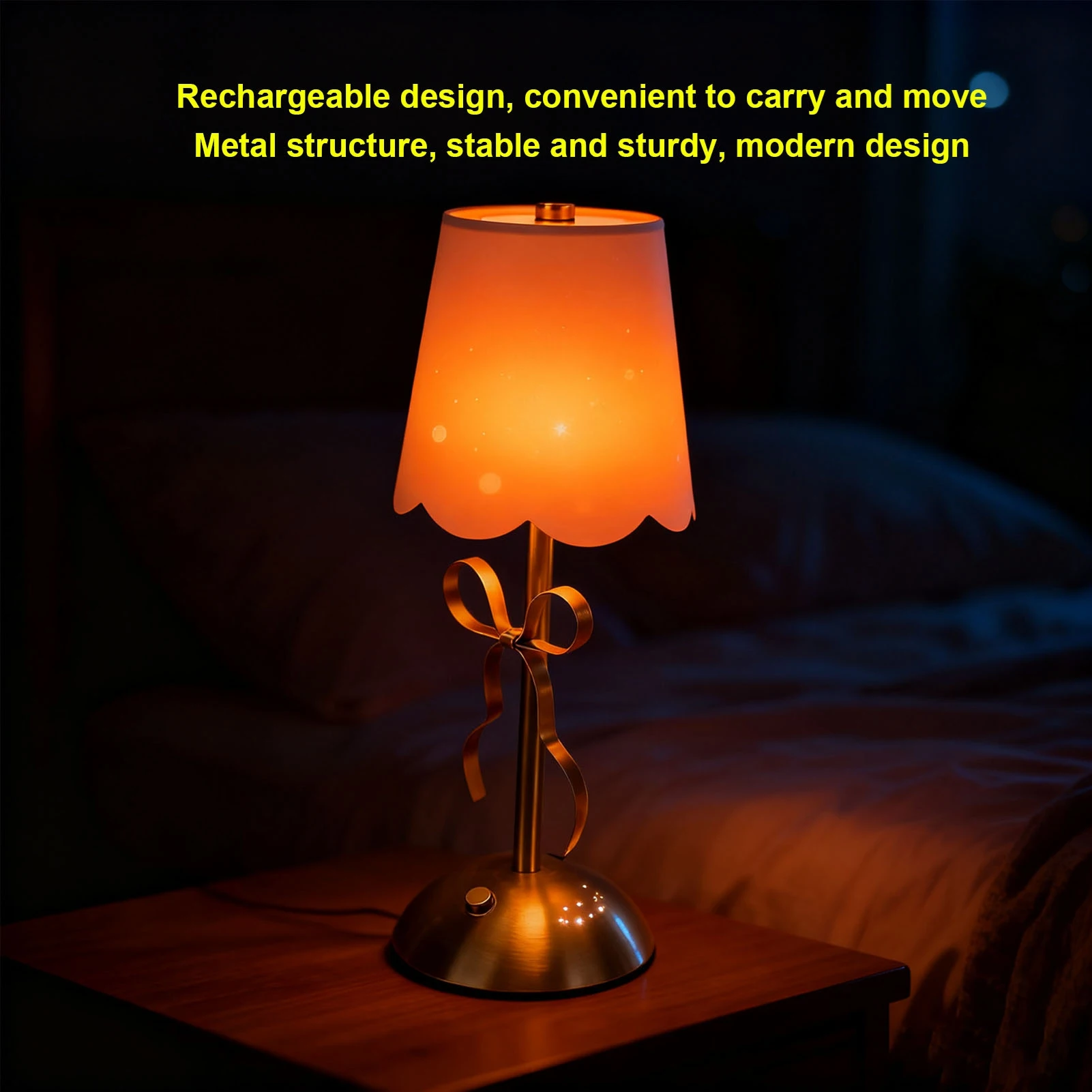 Cordless Bow Table Lamp Bow Table Lamp with Fabric Shade Cute Decorative Metal Rechargeable Cordless Bedside Lamp for Bedroom