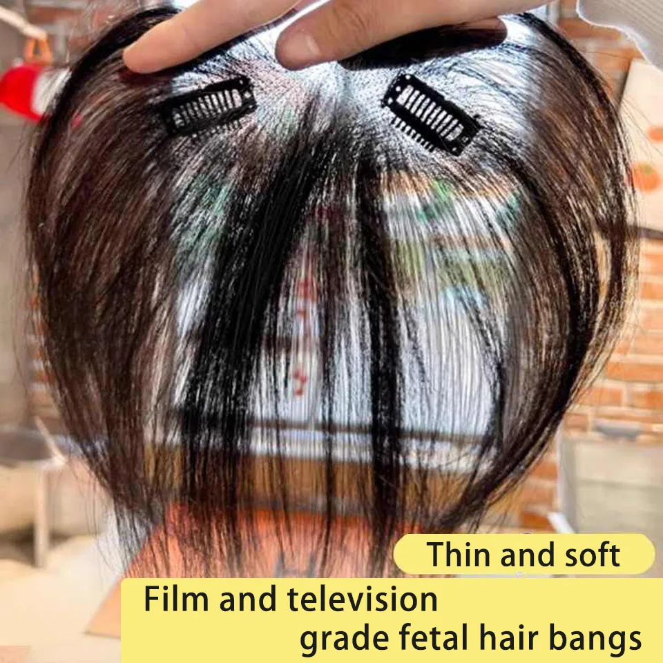 100% Human Hair Topper Hairpiece with Bangs Clip in Bangs Natural Air Bangs Fringe with Temples Hairpieces for Women Daily Wear