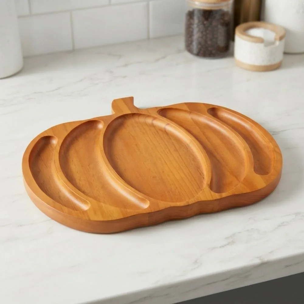 Wooden Halloween Pumpkin Snack Tray with Compartment Sturdy Nut Platter Drop-resistant 5 Grid Snack Serving Plate Tea Table