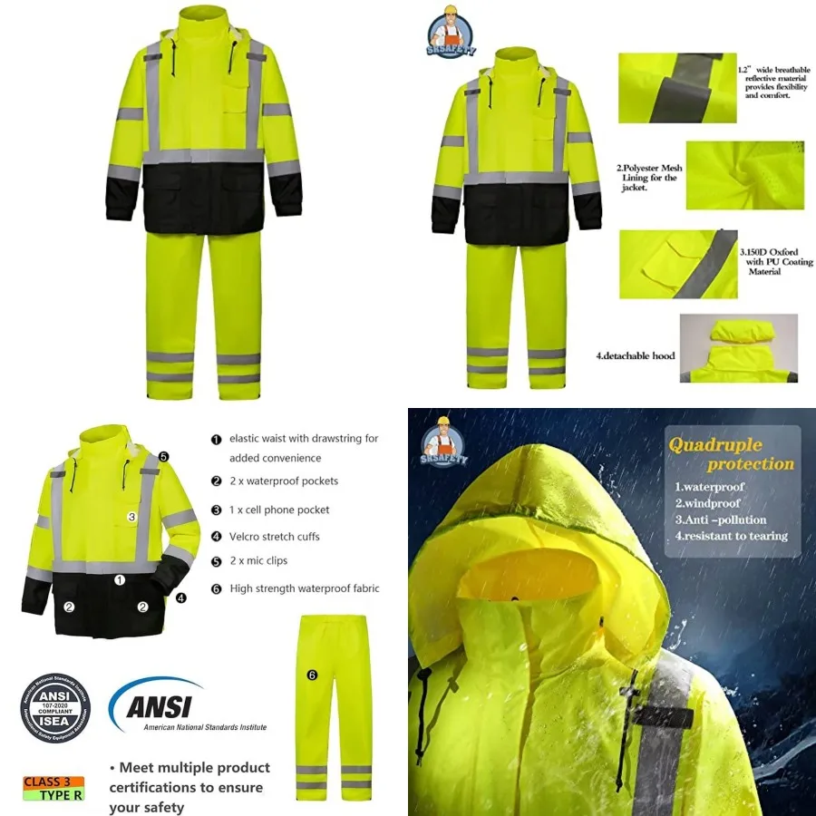 

SRsafety High Visibility Rain Gear, Class 3 High Visibility Work Rain Gear for Men, Construction Rain Suits