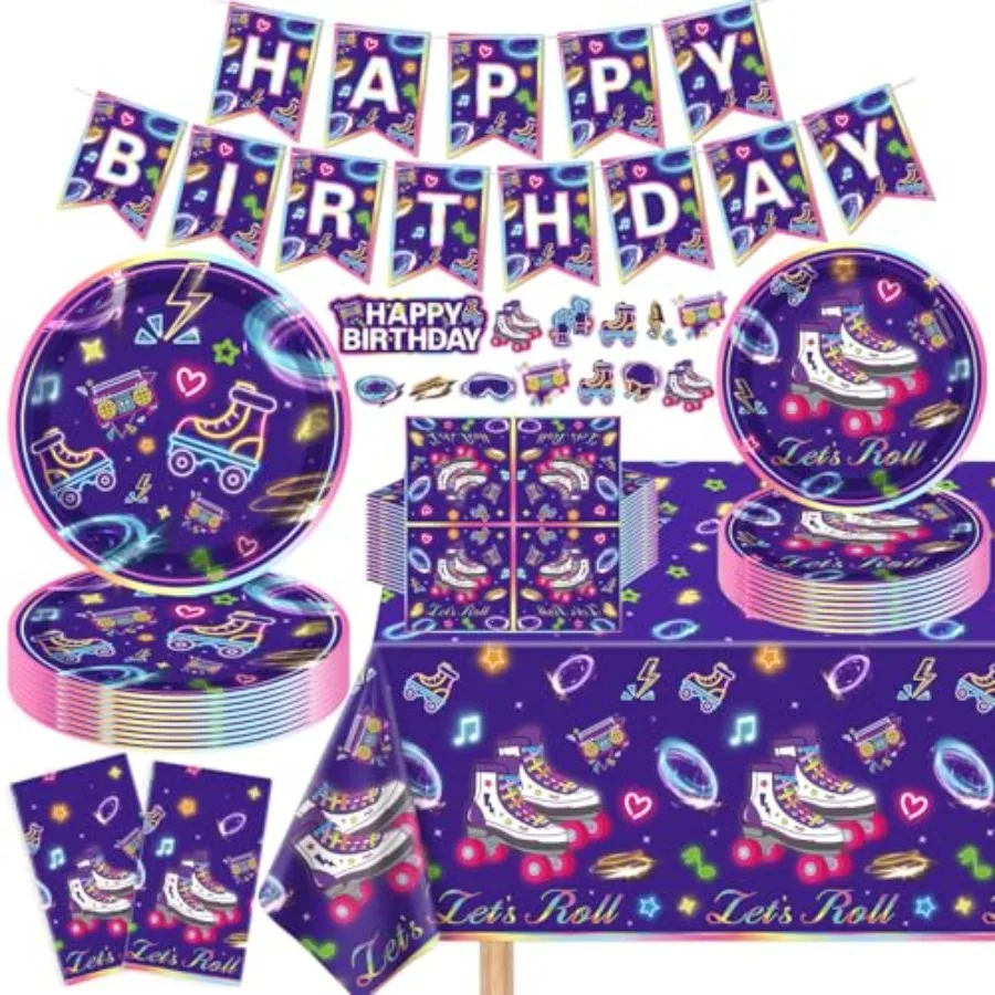 

136-упаковка принадлежностей для вечеринок на роликовых коньках, принадлежности для дня рождения, роликовые коньки, посуда и набор баннеров для вечеринок на роликовых коньках