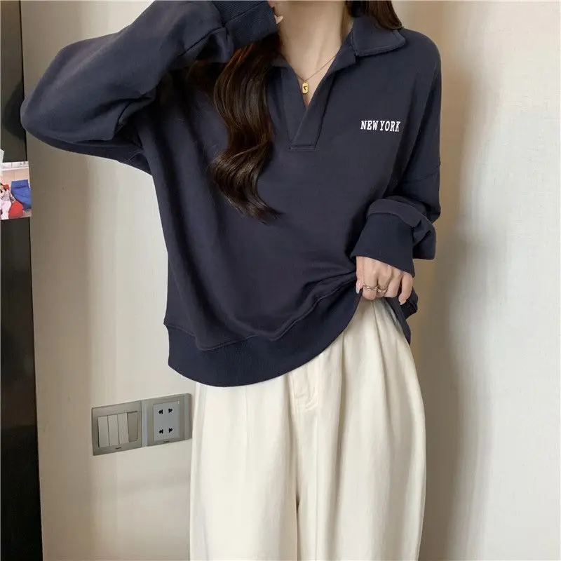 Casual Polo-Neck Loose Sweatshirts Women\'s Clothing Letter Printed Basic Spring Autumn Streetwear Korean Long Sleeve Pullovers