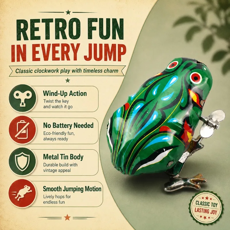 Nostalgic Clockwork Spring Tin Frog Wind‑Up Mechanical Toy Vintage Metal Craft for Party Favor Home Decor Collection