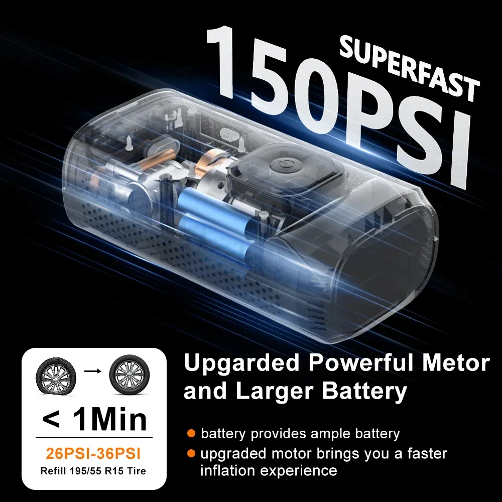 150Psi Portable Electric Air Pump, Electric Balloon Inflator, Wireless Air Pump, High-Performance Wireless Inflator with Led Digital Display, Can Be Charged by Mobile Phone, Led Lighting, with Multi-Function Nozzle, Can Be Used for Car, Motorcycle, Bicycle Wheels, Basketball, Football, Volleyball, Swimming Rings, Etc., Car Accessories, Motorcycle Accessories, Bicycle Accessories, Ultra-Long Standby Air Compressor Can Replace the Hydraulic Pump for Inflating.