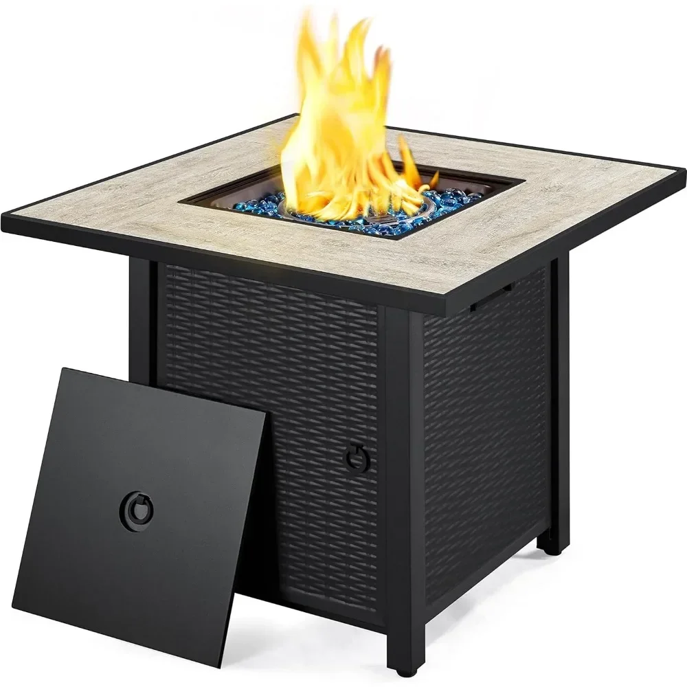 Propane Gas Fire Pit Table, Ceramic Tabletop and Blue Fire Glass for Outdoor with Rattan Pattern Steel Base/Lid, Fire Table