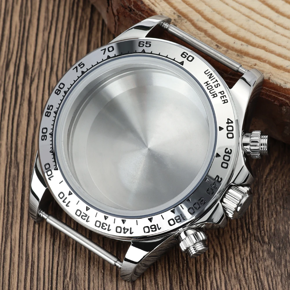 

39mm VK63 Watch Case Silver Watch Accessories Sapphire Crystal waterproof Screw-in Crown For VK63 Quartz Movement For Daytona