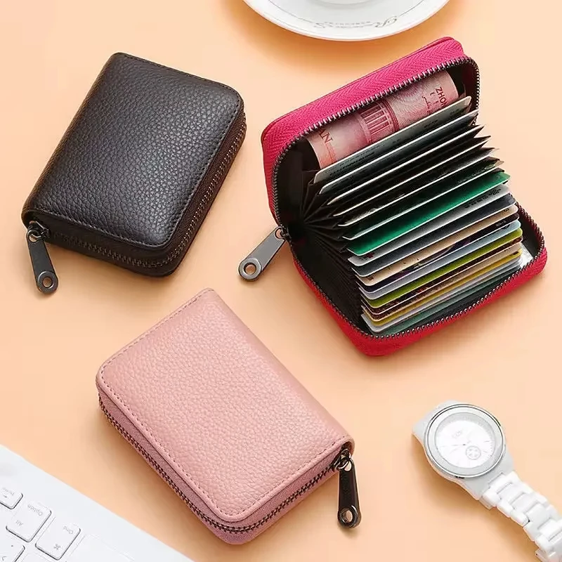 Vintage Solid Leather Multi Slot Card Holder Wallet - Small Business Credit Card Bag for Men And Women with Zipper Coin Pouch