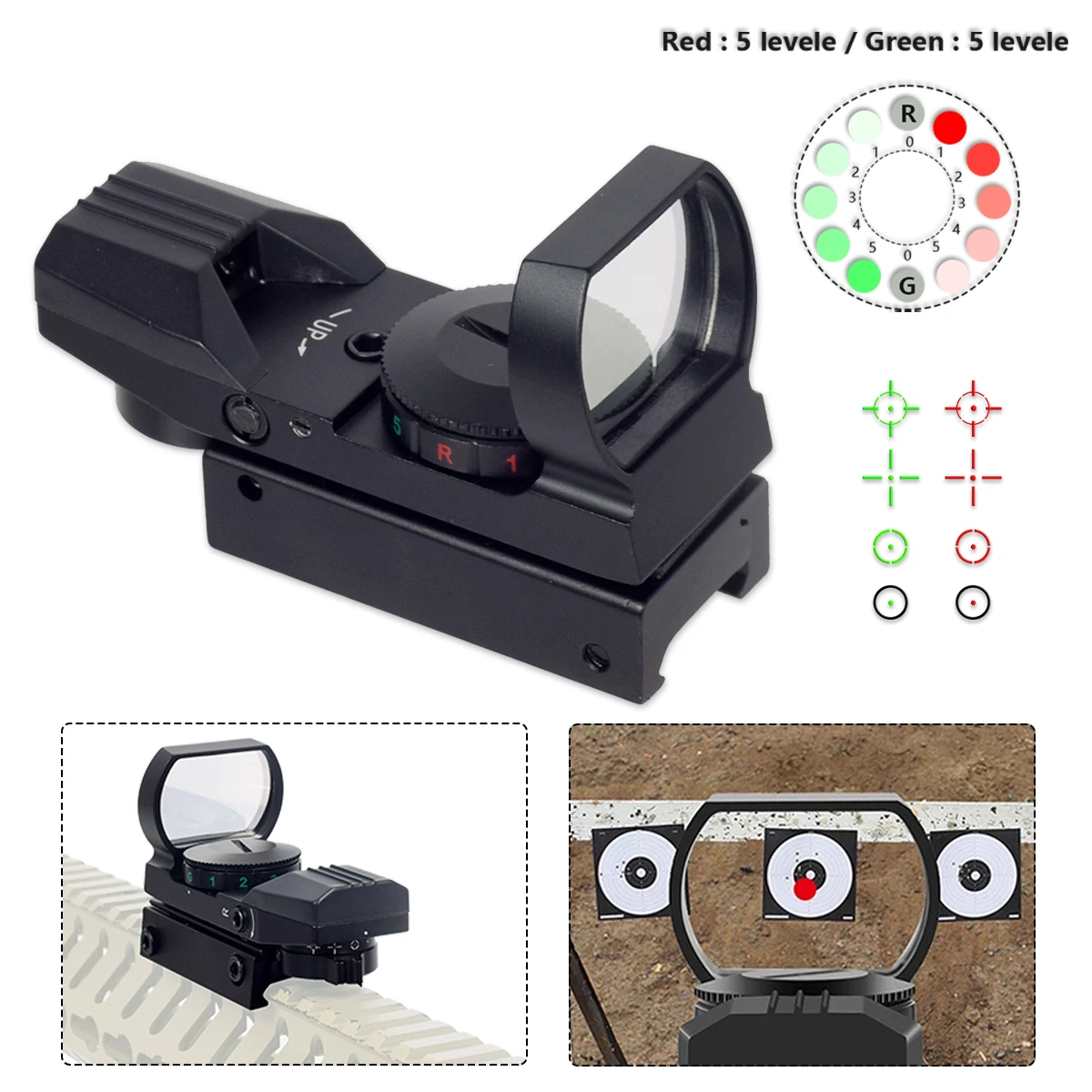 

Tactical 4 Reticle Sight Holographic Adjustment Brightness Control Optics Scope Red Green Dot Reflex Rifle Airsoft Riflescope