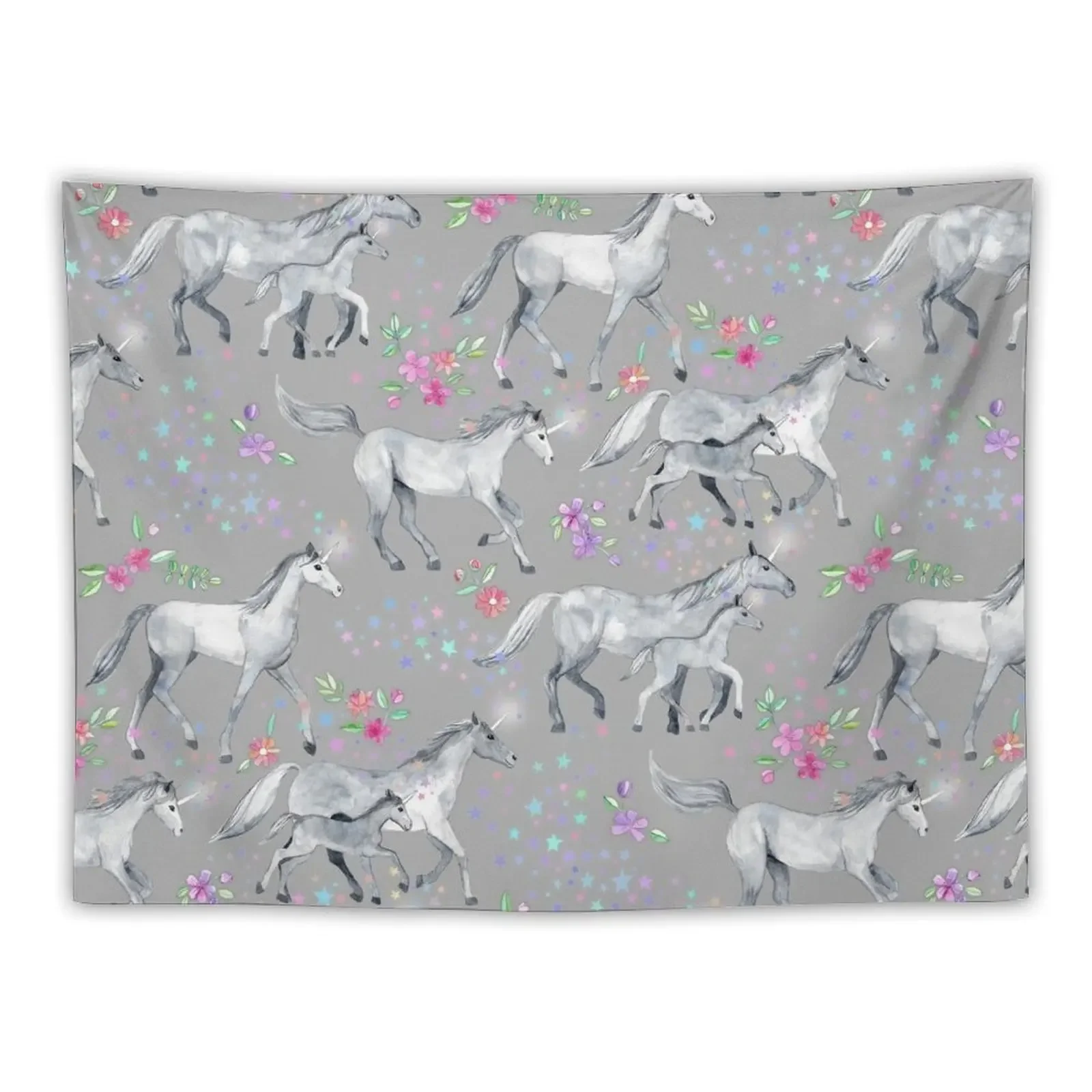 Unicorns and Stars on Soft Grey Tapestry Room Decor Korean Style Aesthetic Home Decor Tapestry