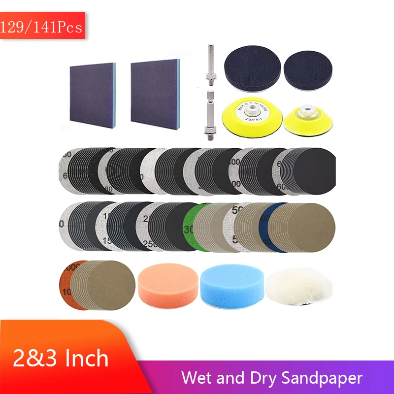 

2-дюймовый 3-дюймовый набор влажной и сухой наждачной бумаги, 129/134 шт., зернистость 60-10000 с упором с хвостовика 1/4 дюйма и шлифовальной губкой