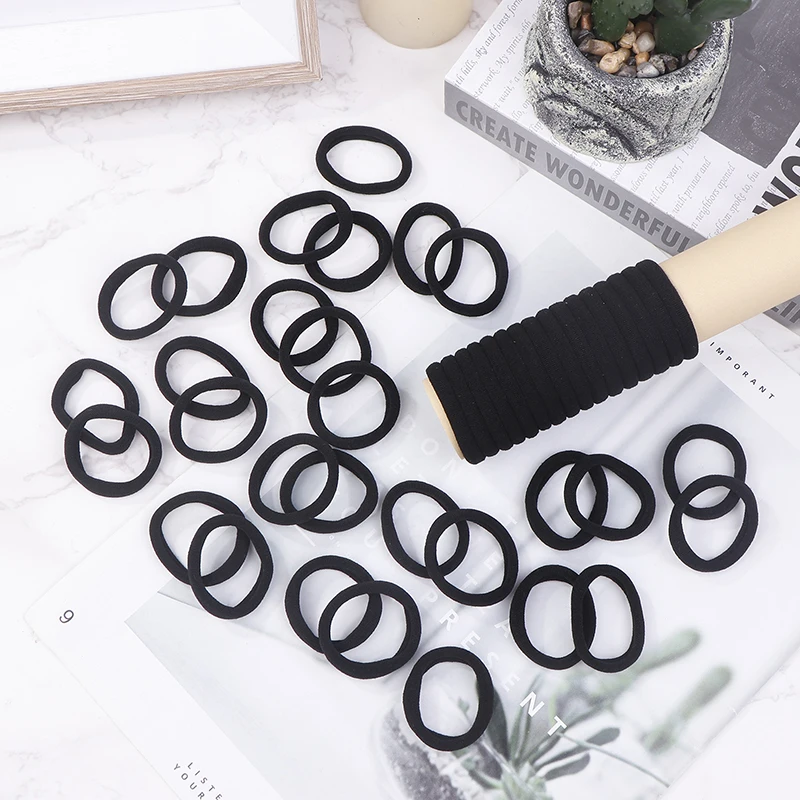 100Pcs Basic Rubber Band Black Towel Ring High Elasticity Tie Ponytail Hair Band Girls Temperament Headband