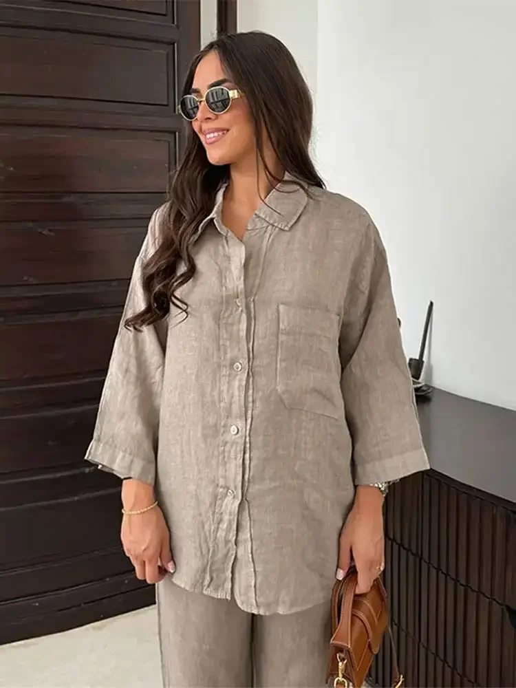 Grey With Pocket Shirt Pants Suits Women Causal Wide Leg Pants Long Sleeves Shirt Sets 2024 Loose Highstreet 2 Piece Outfits