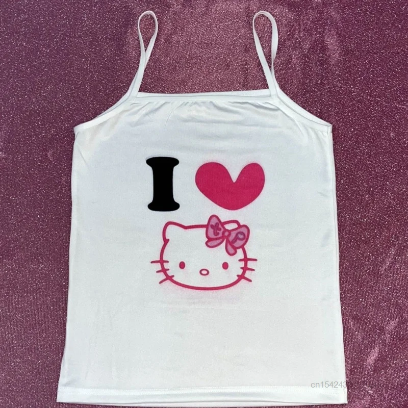 Sanrio-Camiseta con tirantes de Hello Kitty para mujer, chaleco bonito Y2k, camiseta sin mangas elástica suave, camisola blanca con estampado de dibujos animados