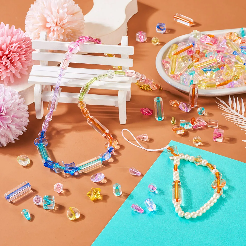 200pcs Mixed Transparent Acrylic Beads Teardrop Column Polygon Loose Spacer Beads for Bracelet Necklace Jewelry Making Findings