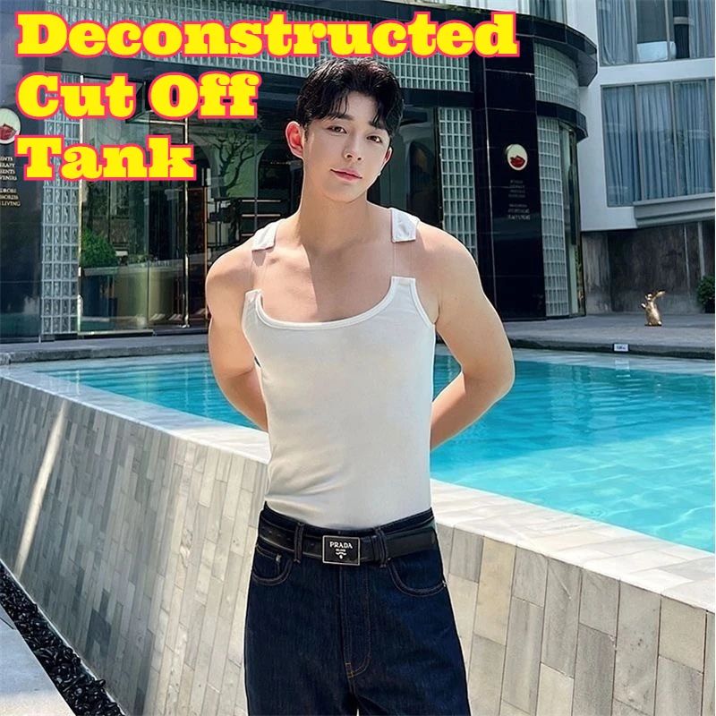 Men's Summer Deconstructed Cut Off Invisible Strap Tank Top Tight Sexy Niche Design Sleeveless Fitness Gym Workout Bodybuilding
