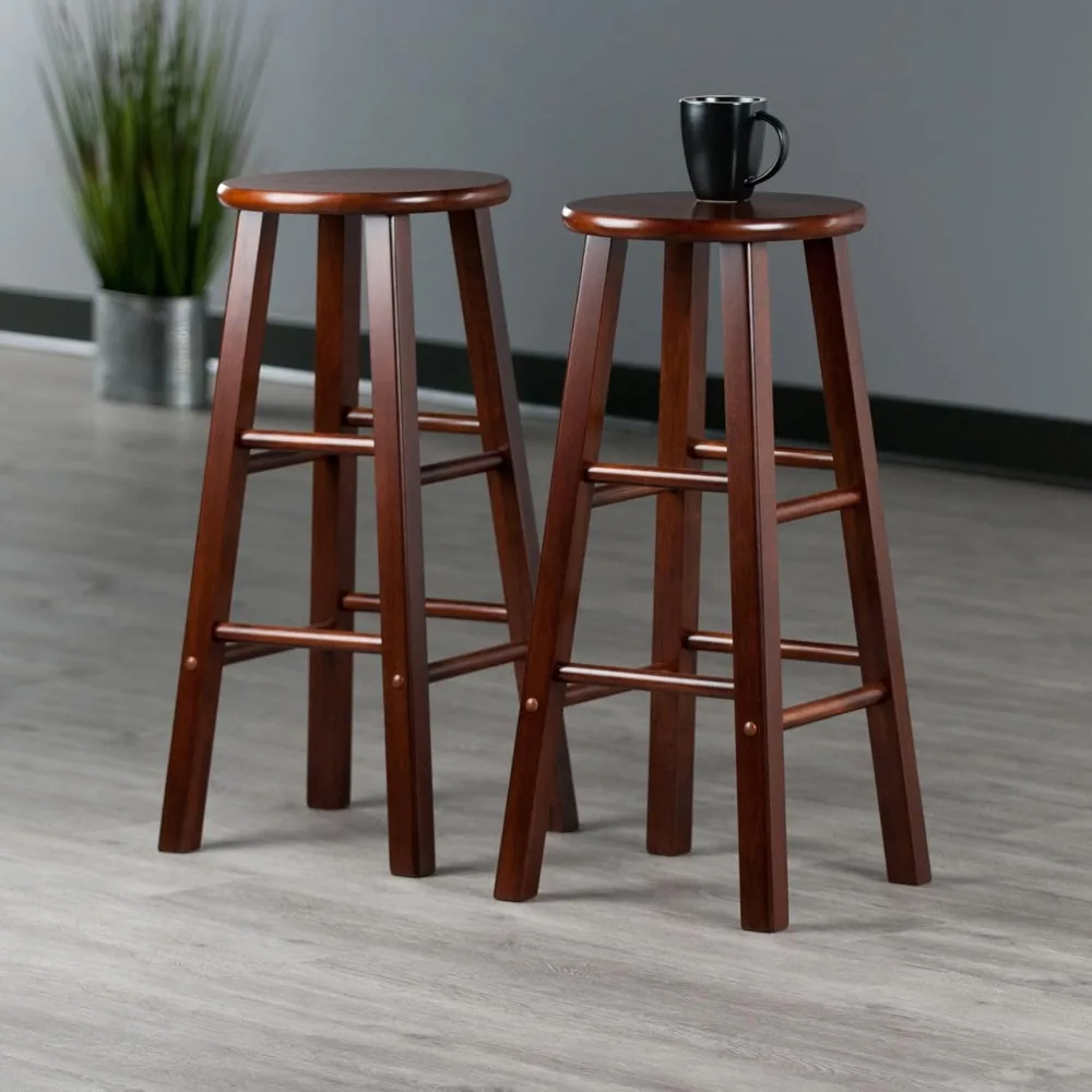 Element 2-Piece 29In Bar Stool Set, Walnut Finish, Solid Wood, Modern Design