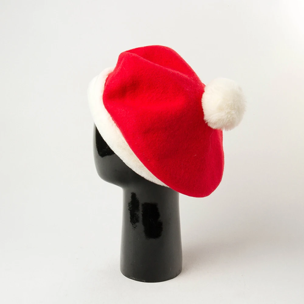 

Red Wool Beret With Puffy White Ball Christmas Wool Hat