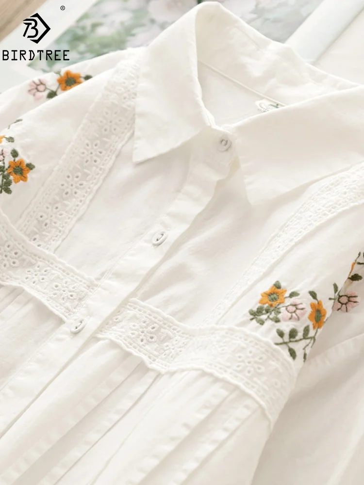 New Summer Cotton Long Sleeve Shirt Lapel Embroidery Floral Top Girl Sweet Fashion Casual Loose Blouse 2024 Autumn T46258QM