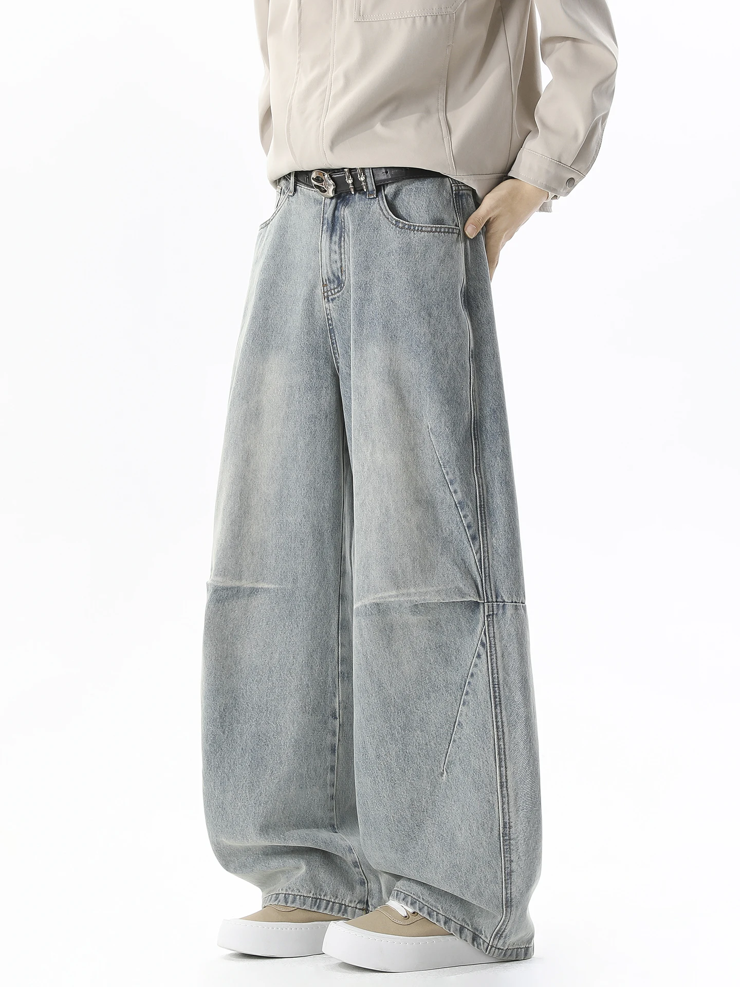 

Boyue American Waed Vibe Spliced Workwear Jeans Men's Wide Leg Pants Casual Cotton Polyester Blend No Special Function