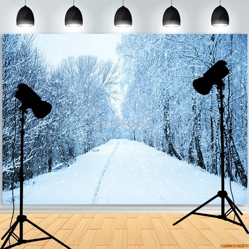 قطرات خلفية للتصوير الفوتوغرافي للغابات الشتوية ، طريق مغطى بالثلوج ، ندف الثلج ، أشجار التنوب ، خلفية الصورة ،