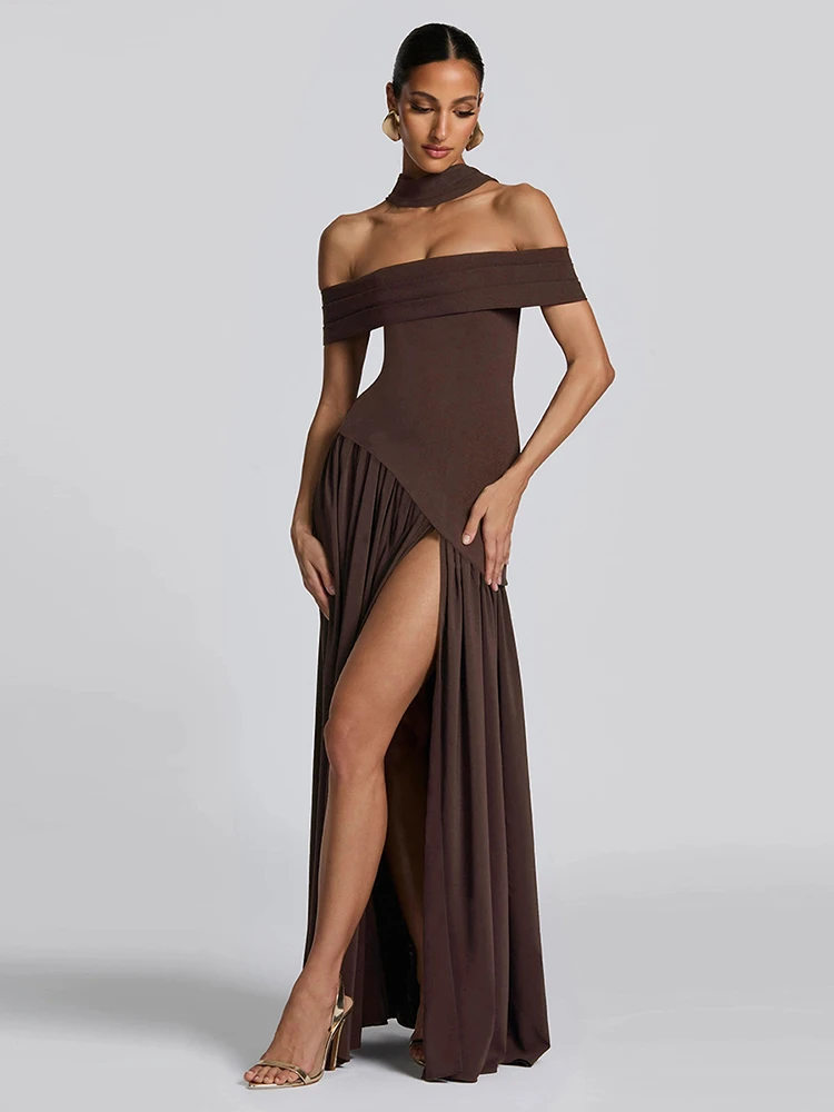 Sisterlinda Sexy High Splits Langes Kleid + Solide Schal Frau Off Schulter Backless Rüschen Saum Mitternacht Prom Party Elegante Vestidos