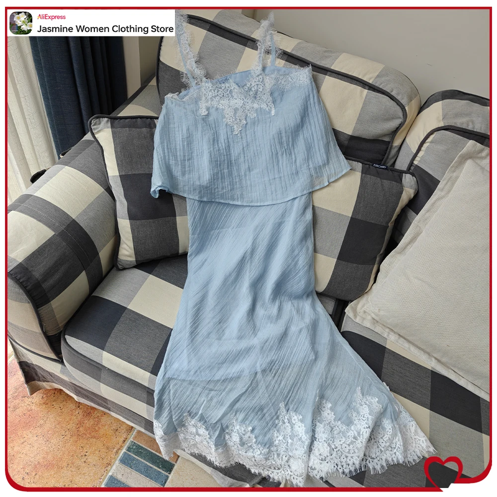 Stylish Summer New Matching Sets for Women Pastel Blue 2 Piece Sets Straight Neckline and Thin Lace Strap Top + Tonal Midi Skirt