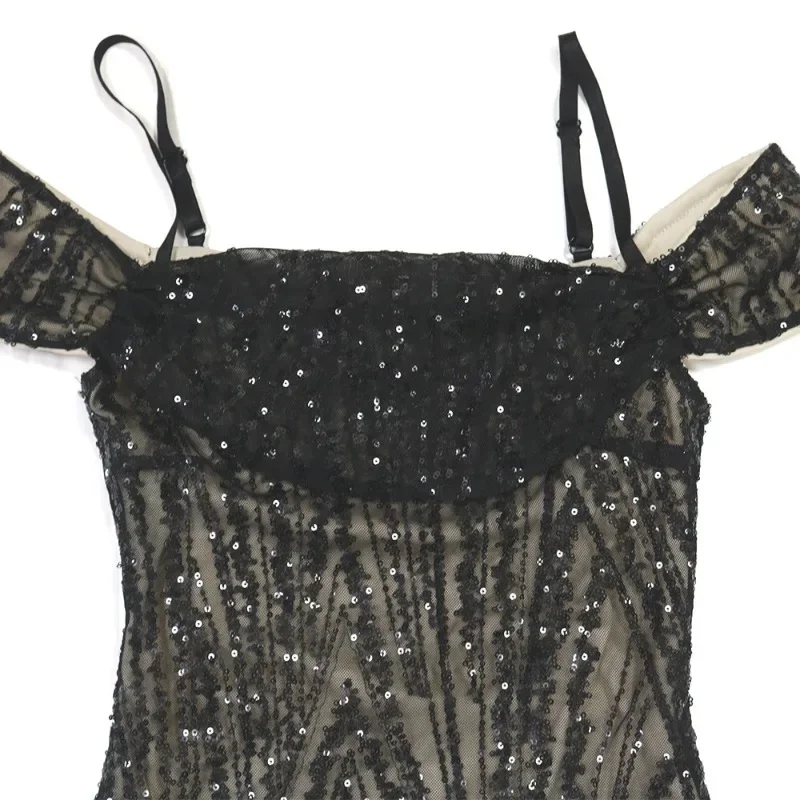 GUWU Sommer Durchsichtiges Mesh Pailletten, Figurbetontes Kleid Frauen Sexy Dünnes Gummiband Minikleider Dame Club Party Nacht Outfit