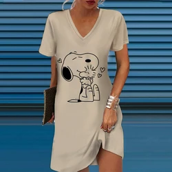 Disney Snoopy A-line V-neck Dresses For Woman Summer 3D Print Clothing Cartoon Women's Beach Dress Cute Sexy Beach Cool Top