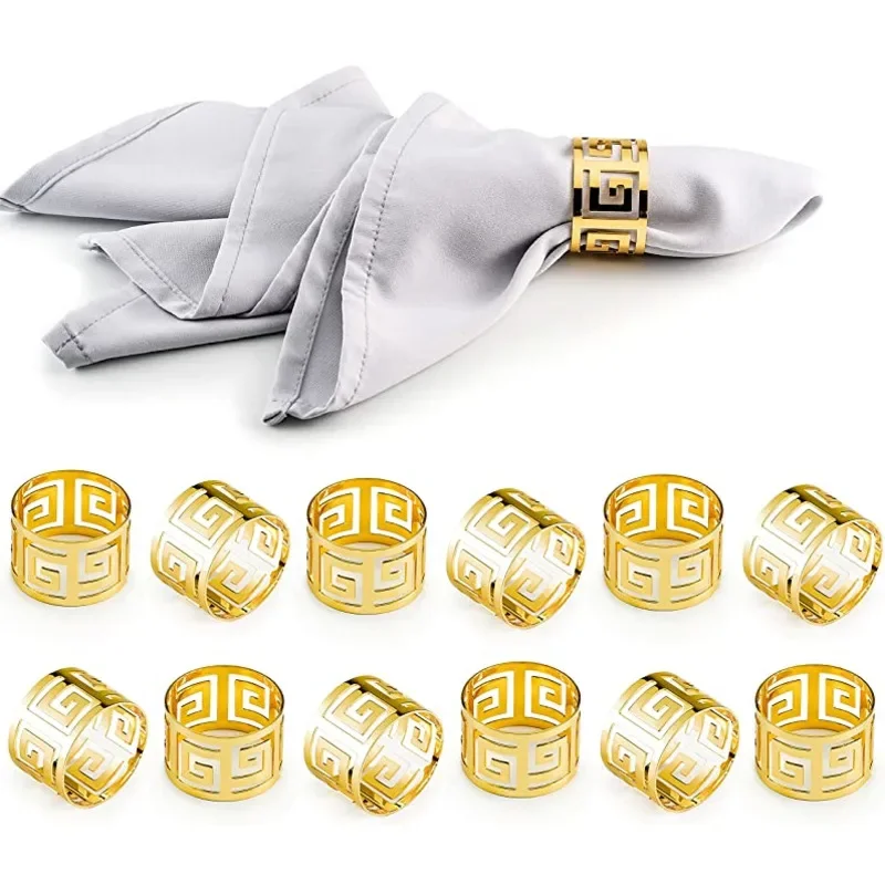 

12pcs Napkin Rings Serviette Rings Alloy Napkin Holder Cloth Napkin Buckle Hollow Serving Napkis Gold Wedding Table Decoration