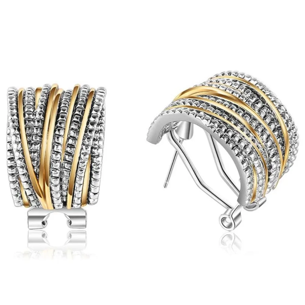 Minimalist Two Tone Multi Layer Intertwined 5A Zircon Stud Earrings Two-tone Gold Silver C Shape Clip Earrings for Women Jewelry