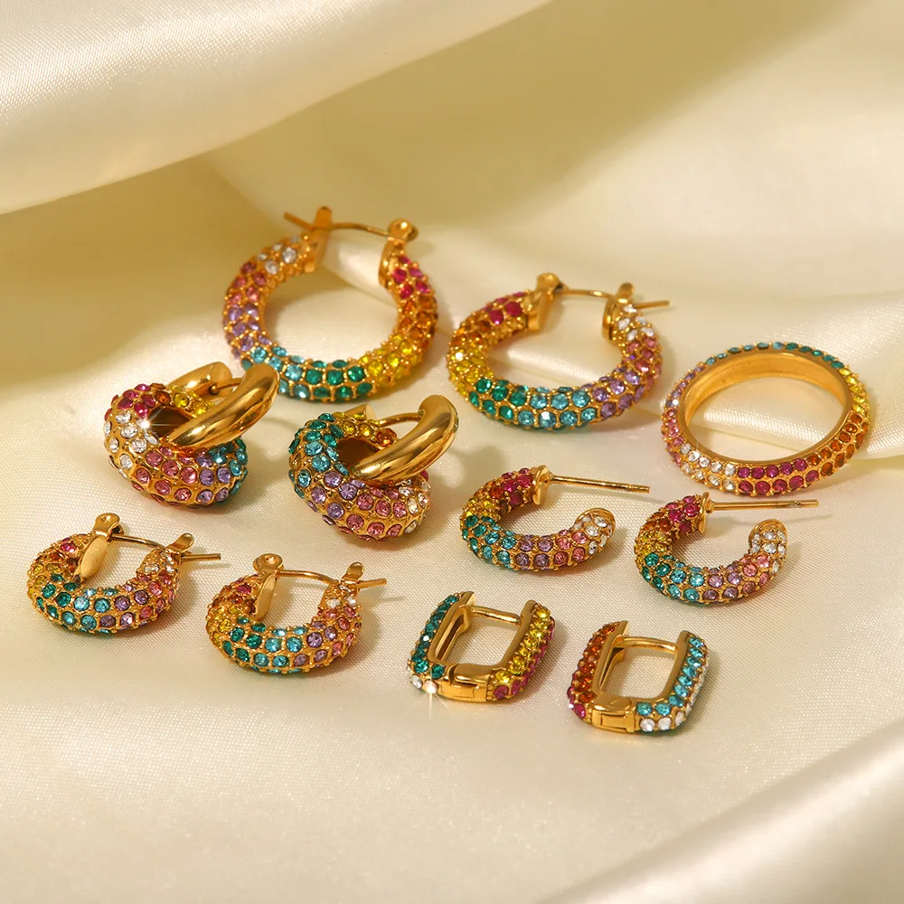 Popular New Design 18k Gold-plated Stainless Steel With Colorfull Zircon  Hoop Earrings For Women