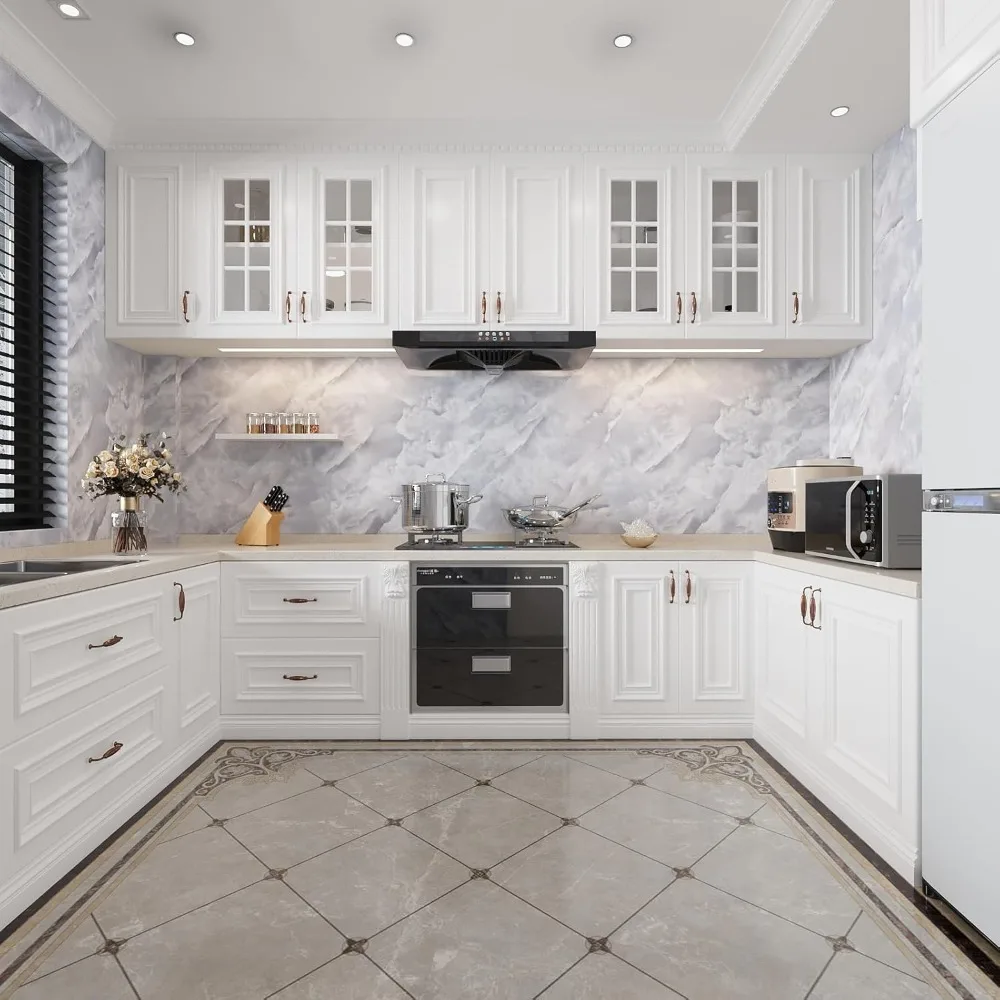 ورق اتصال قابل للتقشير واللصق بمظهر رخامي رمادي مقاوم للماء للجدار الكبير والكونترتوب، سميك ومتين مقاس 31 × 354 بوصة