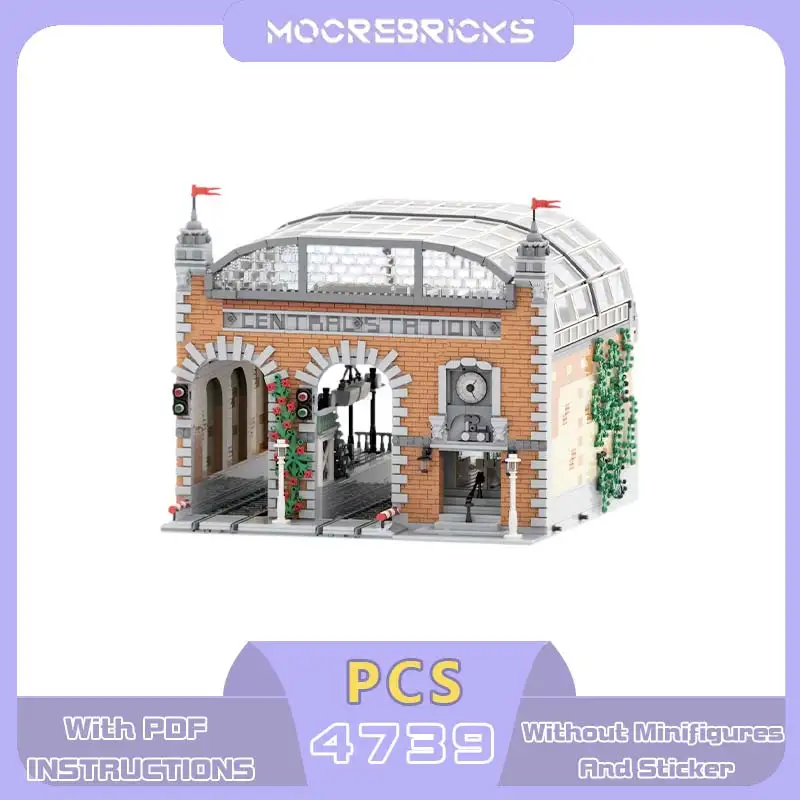 

MOC City Street View Modular Train Station Building Blocks Classic Railway Platform Architecture Bricks Model Toys Adult Gift