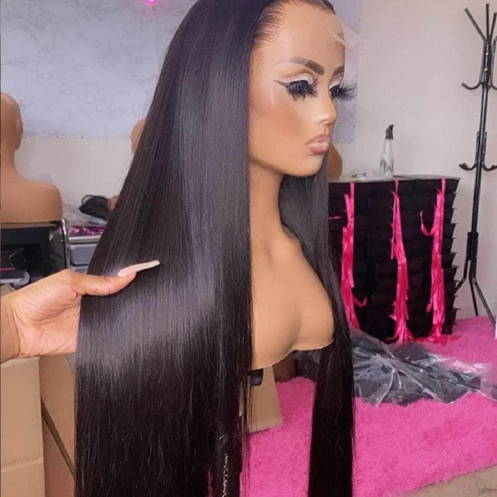 Perruque Lace Front Wig lisse noire soyeuse, 26 pouces, densité 180, cheveux de bébé, sans colle, délié 03/naturel, pre-plucked, pour femmes noires