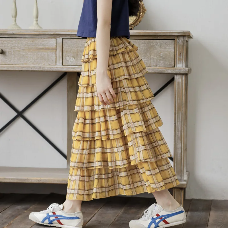 

Girls Yellow Plaid Skirt High Waist Multi-tiered Ruffle Preppy Style Long Skirt for School Daily Wear Summer Vacation Outfits