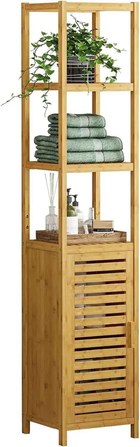 VIAGDO Hochschrank, Badezimmerschrank Bambus, Badschrank hoch mit 3 offenen Fächern und Schrank,