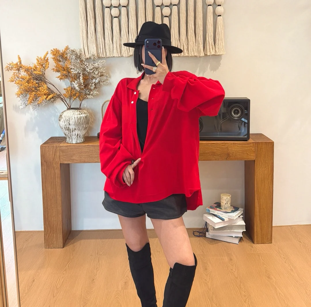 

New Year Red Deep V Long Sve irt Women's Casual Loose Faionable Top Skin-friendly Breathable Pure Color