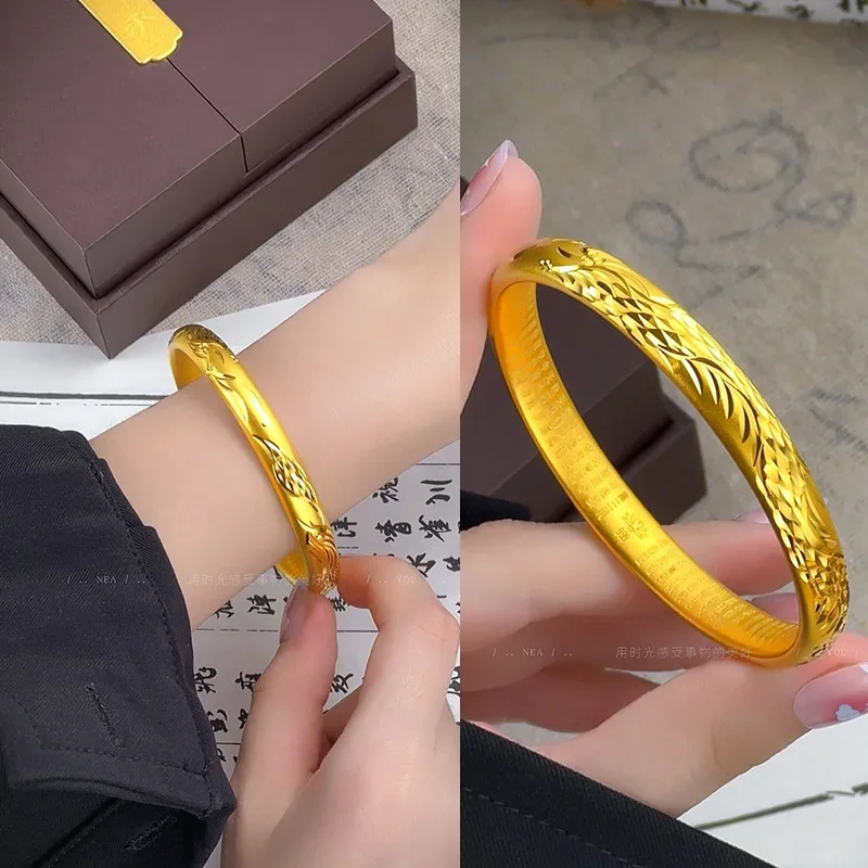 Pulsera de oro 9999 auténtico de 24K, brazalete de sutra con corazón de estilo antiguo