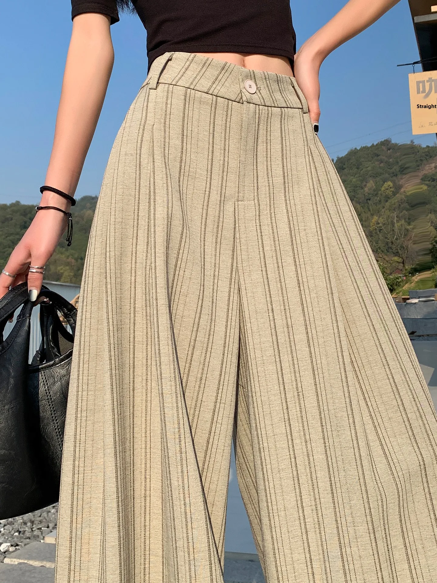 

Ice Silk Cotton Linen Striped Wide Leg Pants Women Summer New High Waist Draped Loose Anti-Wrinkle Casual Straight Leg Suit P...