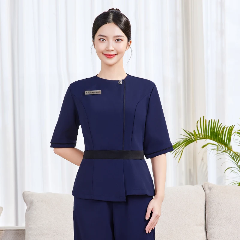 

2025 Women Round Neck Beauty Salon Massage SPA Uniform Hotel Attendant Technician Uniform Work Clothes Half Sleeved Pants Set